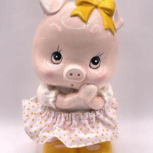Darling Vintage Lefton Piggy Coin Bank 7” Yellow Bow Skirt Shoes Rubber Stopper